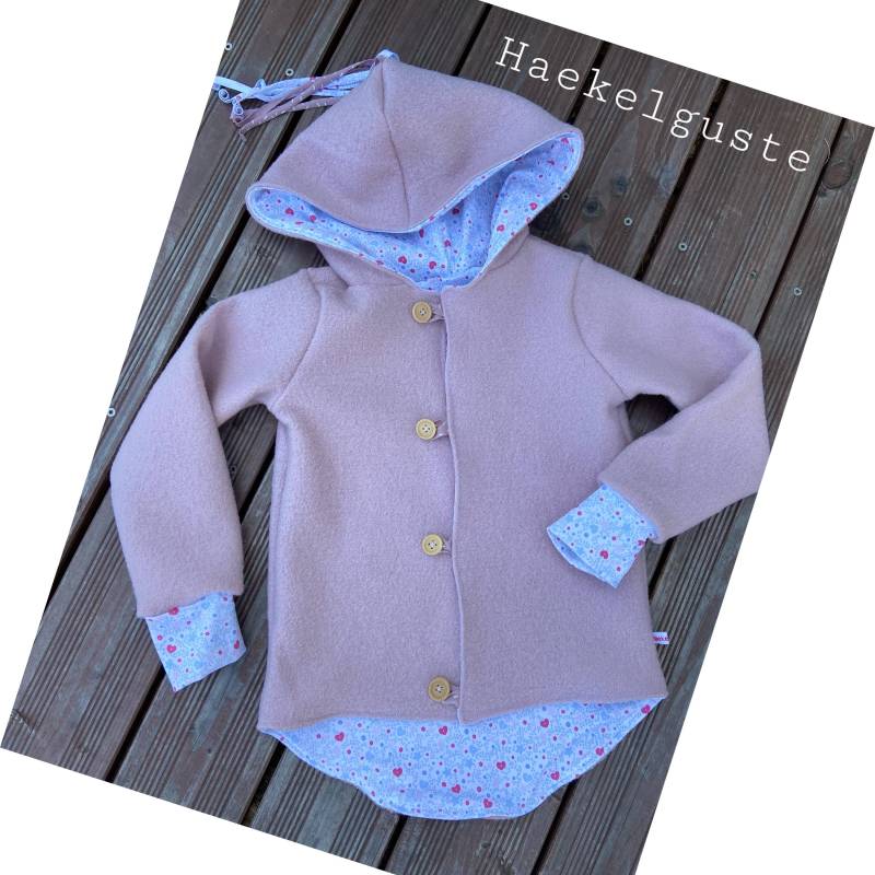 Wollwalk Schurwolle Walkmantel Jacke Rosa Rose Altrosa Mädchen Herz Blumen Zipfeljacke Kinder Mantel von Haekelguste