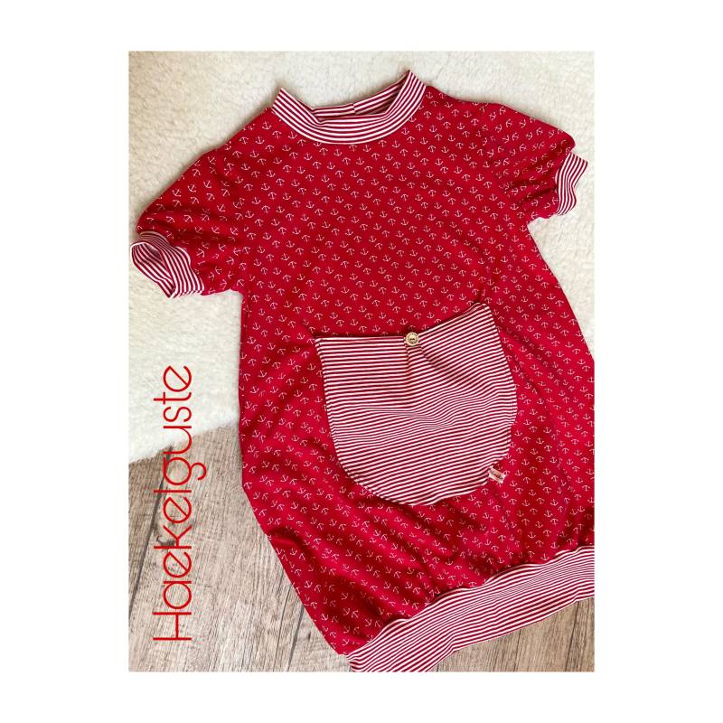 Wunschgröße " Anker Kurz - Langarm Ballonkleid Mädchen Kleid Rot Gestreift von Haekelguste