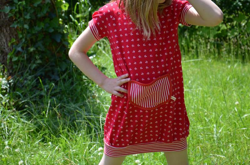Wunschgröße " Anker Kurz - Langarm Ballonkleid Mädchen Kleid Rot Weiß Streifen von Haekelguste