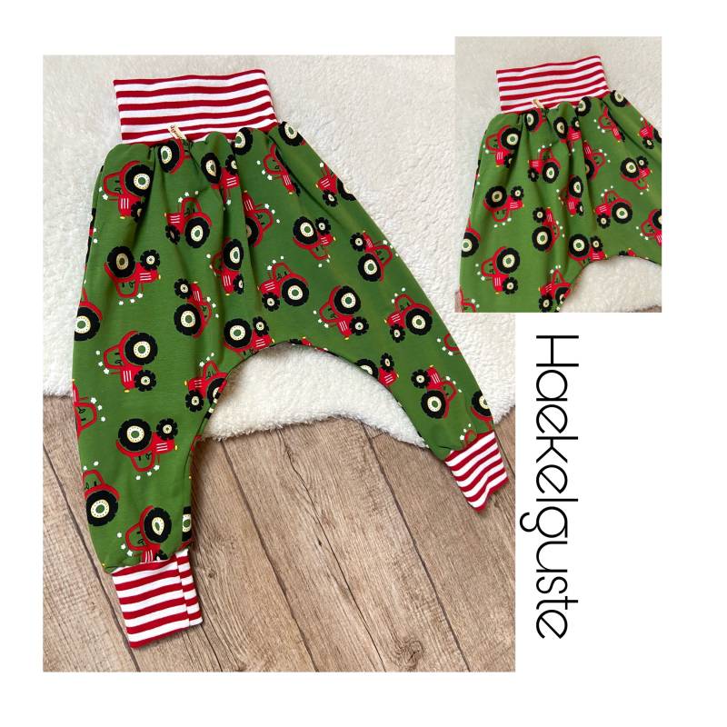 Wunschgröße Pumphose "Traktor" Kinder Jogger Pants Dorfkind Landleben Trekker Jungen Hose Streifen Grün Rot Kindergarten von Haekelguste