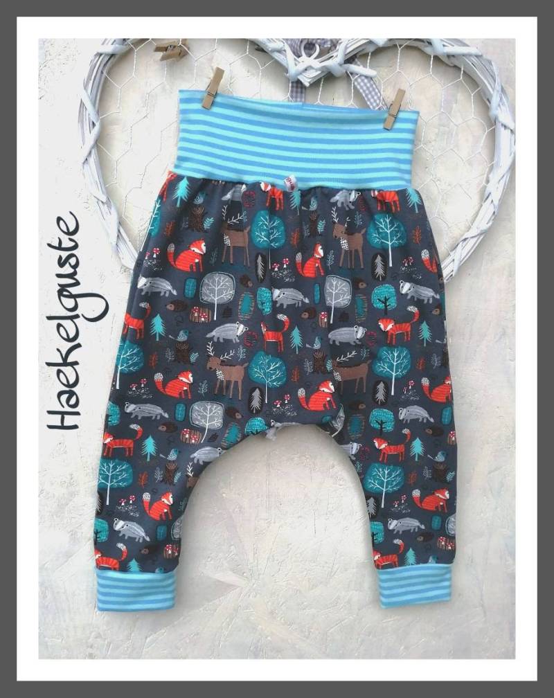 Wunschgröße Pumphose " Waldtierchen Kinder Hose Jogger Pants Grau Reh Fuchs Unisex Mädchen Jungen von Haekelguste