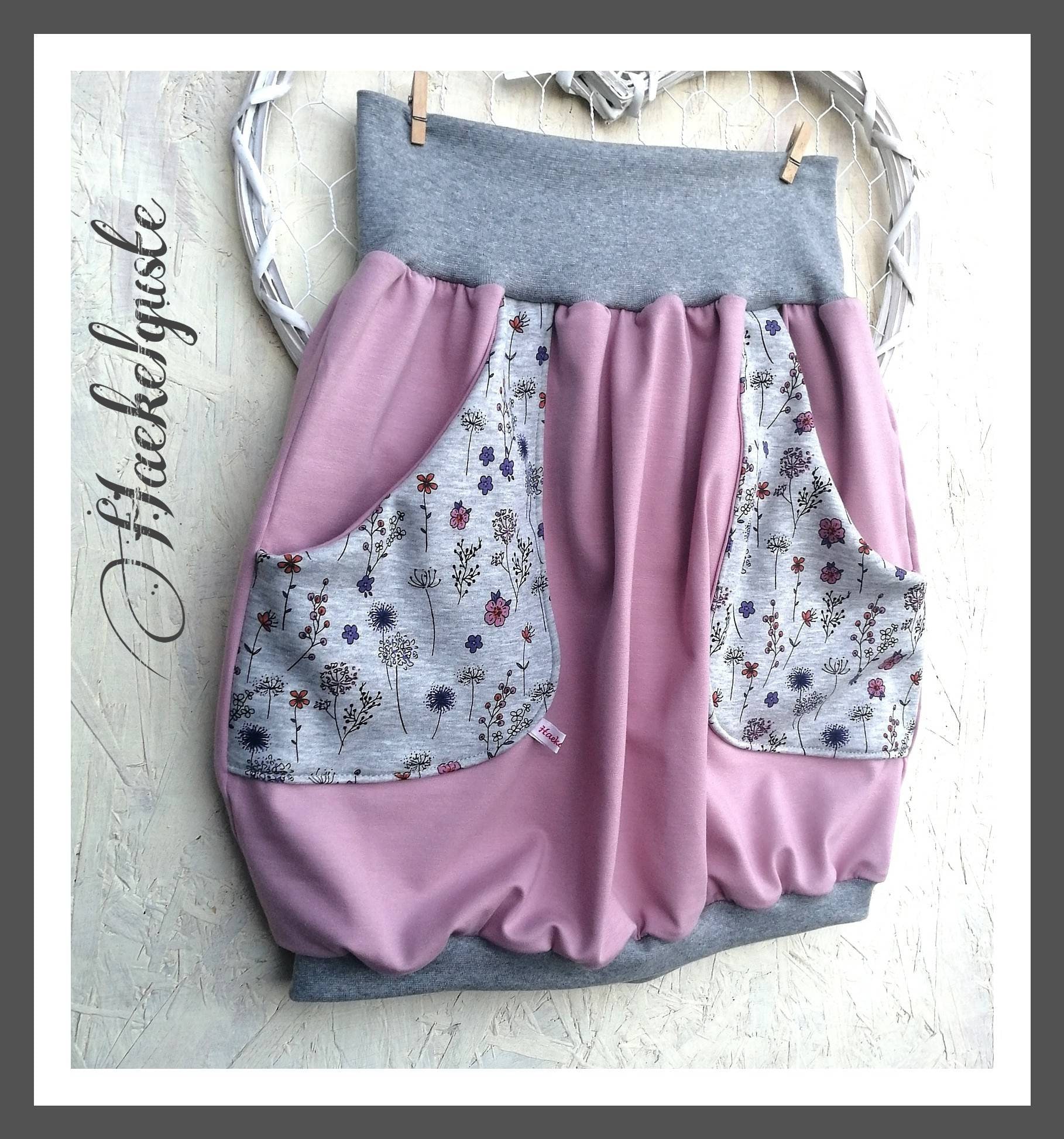 Xs - Xxl Ballonrock Altrosé Damen Rock Rosa Mit Taschen Grau Blumen Gräser von Haekelguste