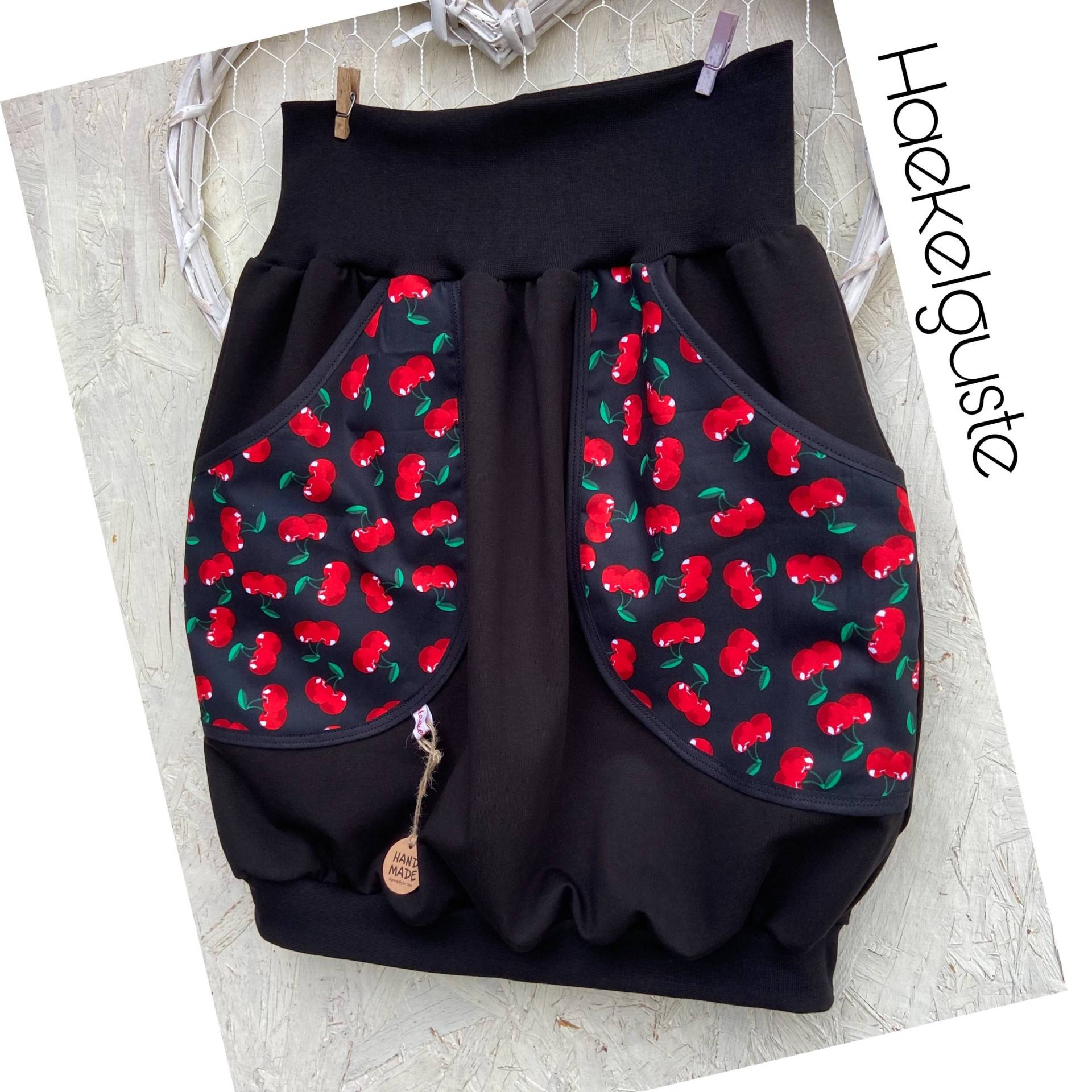 Xs - Xxl Wunschgröße Ballonrock "Kirsche" Schwarzer Rock Punkte Damen Cherry Mit Taschen Rockabilly von Haekelguste
