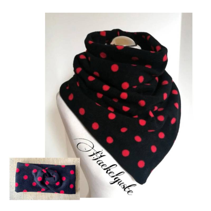 stirnband Loop Punkte Fleece Schlupfschal , Dreieckstuch Schwarz Rot Damen Tuch Gefüttert Warmer Schal Geschenk Frau Teen Rockabilly von Haekelguste