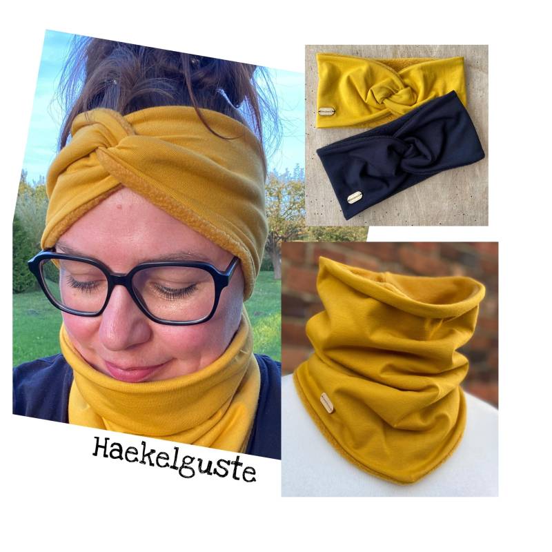 stirnband Loop Schal Schwarz Okker Senf Curry Gelb Damen Gefüttert von Haekelguste