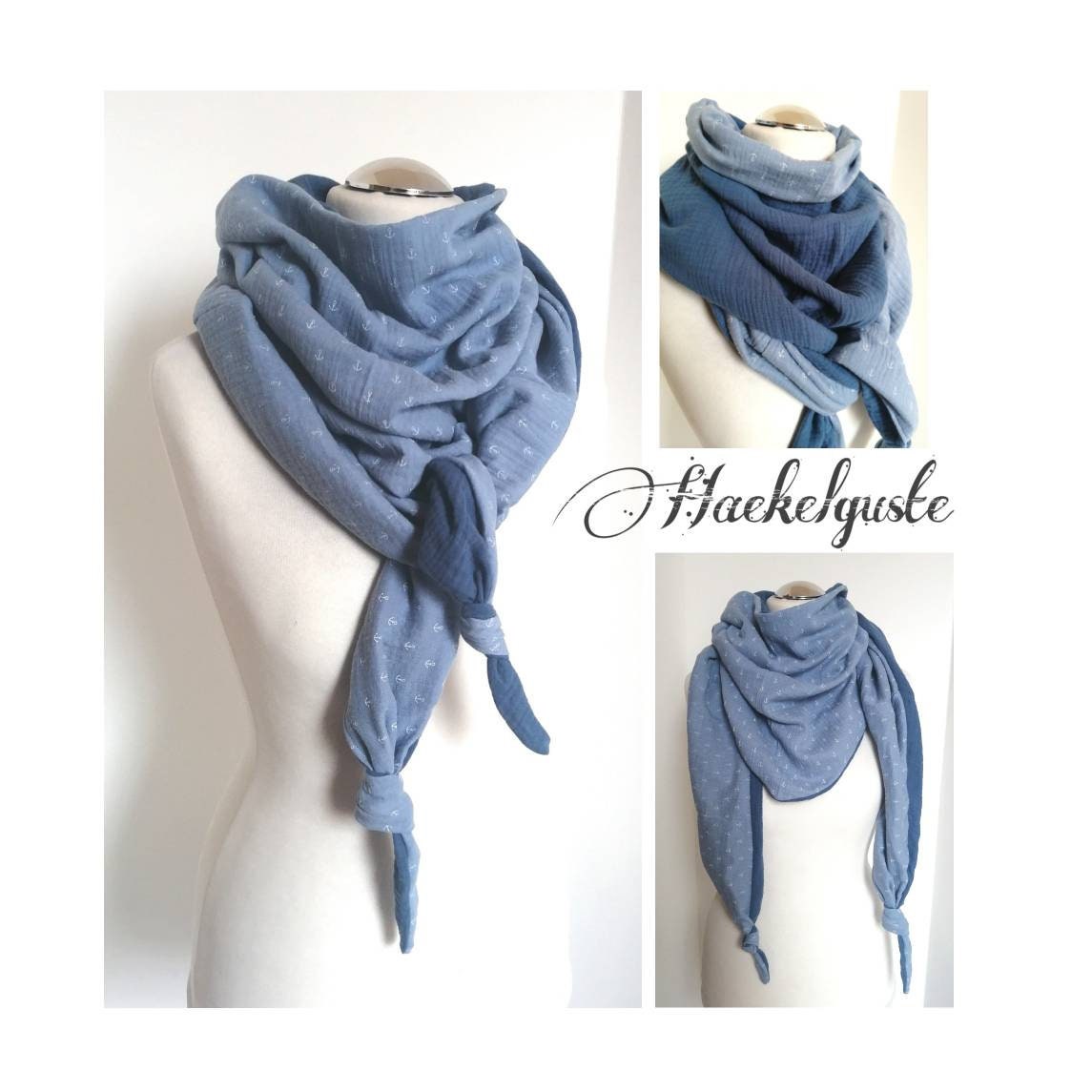 xxl Anker Musselin Wende - Dreieckstuch Blau Großes Tuch Damen Meerliebe Teenager Geschenk Geburtstag Mama von Haekelguste