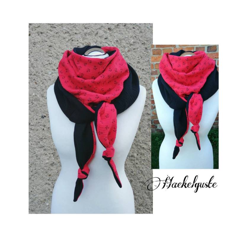 xxl Anker Musselin Wende - Dreieckstuch Rot Schwarz Damen Tuch Loop Schal Geschenk von Haekelguste