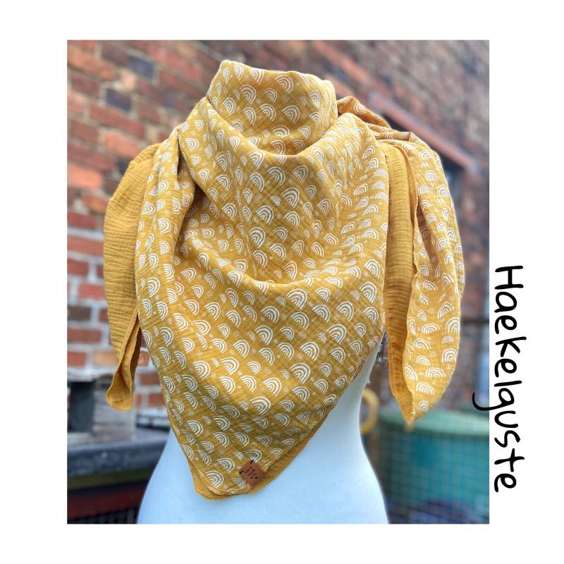xxl Musselin Regenbogen Senfgelb Großes Dreieckstuch Damen Schal Geschenk Freundin Herzmensch Lieblingsmensch Baumwolle von Haekelguste