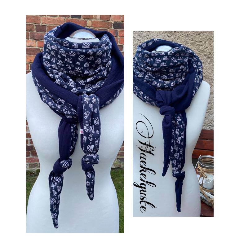 xxl Musselin " Regenbogen Wende - Dreieckstuch Halstuch Damen Schal Dunkelblau Geschenk Mama Freundin Frau Teenager von Haekelguste