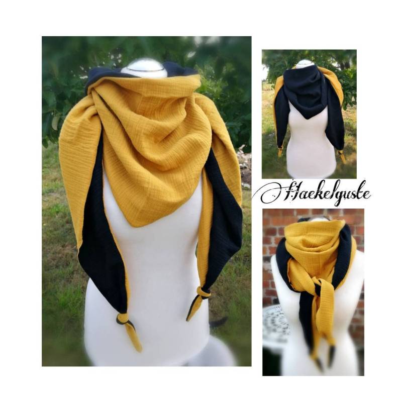 xxl Musselin Wende - Dreieckstuch Schwarz Gelb Senfgelb Damen Schal Curry Geschenk Mama Frau Freundin von Haekelguste