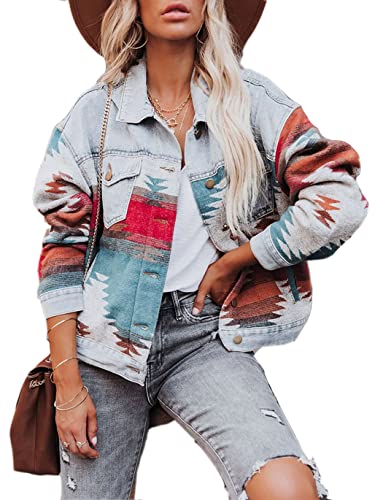 Haellun Damen Azteken-Shacket Distressed Revers Langarm Button Down Jeans Denim Jacke Mantel, 02light Blue, M von Haellun