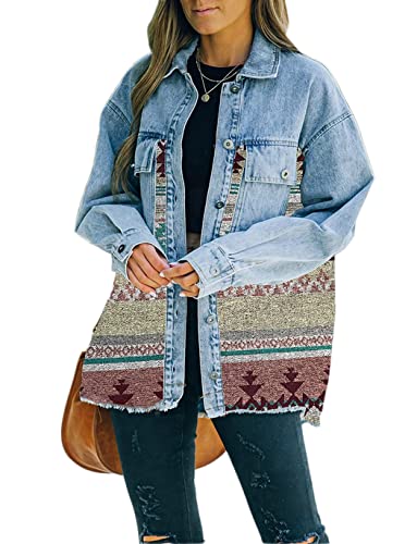 Haellun Damen Aztec Shacket Distressed Revers Langarm Button Down Jeans Jacke Mantel, Grün , Large Haellun Damen Aztec Shacket Distressed Revers Langarm Button Down Jeans Jacke Mantel, Grün , Large von Haellun