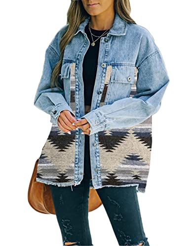 Haellun Damen Aztec Shacket Distressed Revers Langarm Button Down Jeans Jacke Mantel, blau, Large Haellun Damen Aztec Shacket Distressed Revers Langarm Button Down Jeans Jacke Mantel, blau, Large von Haellun