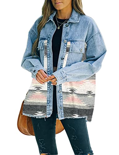 Haellun Damen Aztec Shacket Distressed Revers Langarm Button Down Jeans Jacke Mantel, rose, XX-Large Haellun Damen Aztec Shacket Distressed Revers Langarm Button Down Jeans Jacke Mantel, rose, XX-Large von Haellun