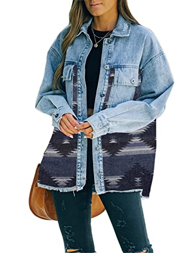 Haellun Damen Aztec Shacket Distressed Revers Langarm Button Down Jeans Jeansjacke Mantel, Blau dunkel, XL Haellun Damen Aztec Shacket Distressed Revers Langarm Button Down Jeans Jeansjacke Mantel, Blau dunkel, XL von Haellun