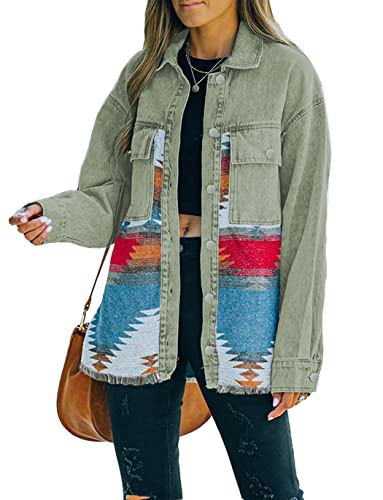 Haellun Damen Aztec Shacket Distressed Revers Langarm Button Down Jeans Jeansjacke Mantel, Vintage Grün, M von Haellun
