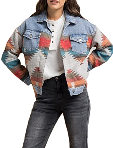 Haellun Damen Azteken-Shacket Distressed Revers Langarm Button Down Jeans Denim Jacke Mantel, 02orange, M von Haellun