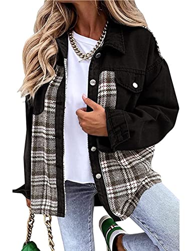 Haellun Damen Azteken-Shacket Distressed Revers Langarm Button Down Jeans Denim Jacke Mantel, 03schwarz, XXL Haellun Damen Azteken-Shacket Distressed Revers Langarm Button Down Jeans Denim Jacke Mantel, 03schwarz, XXL von Haellun