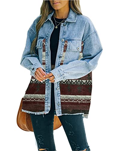 Haellun Damen Azteken-Shacket Distressed Revers Langarm Button Down Jeans Denim Jacke Mantel, Dunkelrot, XXL Haellun Damen Azteken-Shacket Distressed Revers Langarm Button Down Jeans Denim Jacke Mantel, Dunkelrot, XXL von Haellun