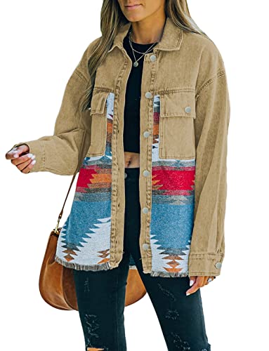 Haellun Damen Aztekenjacke Distressed Lapel Langarm Button Down Jeans Jacke Mantel, Khaki, L von Haellun