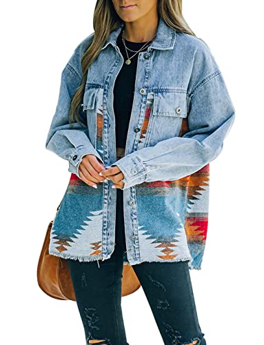 Haellun Damen Aztekenjacke Distressed Lapel Langarm Button Down Jeans Jacke Mantel, Orange/Abendrot im Zickzackmuster (Sunset Chevron), M von Haellun