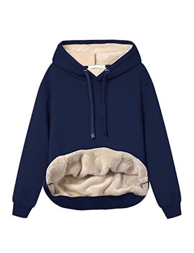 Haellun Damen Lässiger Winter Warm Fleece Sherpa Gefüttert Pullover Kapuzenpullover, navy, XS von Haellun