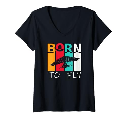 Damen Born to Fly – Retro Drachenflieger für Flugsport-Fans T-Shirt mit V-Ausschnitt Damen Born to Fly – Retro Drachenflieger für Flugsport-Fans T-Shirt mit V-Ausschnitt von Hängegleiter Abenteuer
