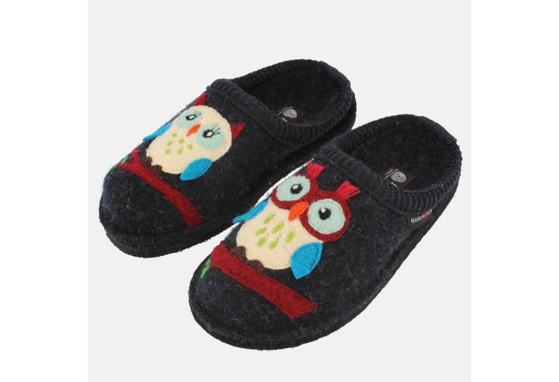 Haflinger Flair Olivia Pantoffeln aus gewalkter Wolle Eulenmotiv Unisex Hausschuh von Haflinger