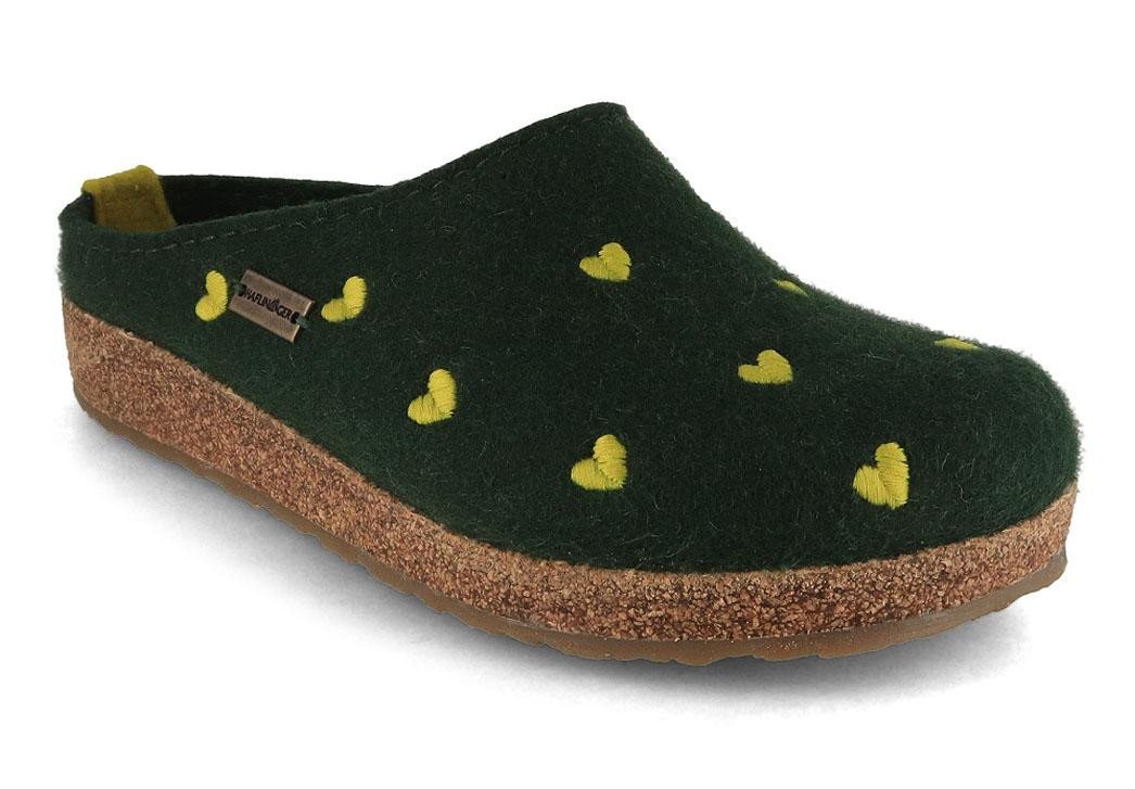 Haflinger Grizzly Cuoricino Dmane Hausschuh temperaturregulierend, Herzen, Winterhausschuh, Clogs, grün von Haflinger