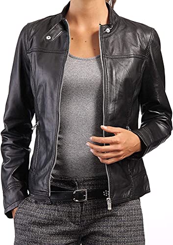 Damen Echtleder Asymmetrische Bikerjacke - Echtes Lammfell Lederjacken für Damen | Klassische Biker-Stil Lederjacke für Damen | Slim Fit Moto Lederjacke, Schwarz , 32 von Hafsah