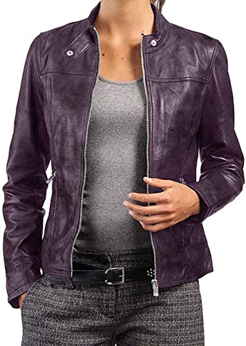 Asymmetrische Damen-Bikerjacke aus echtem Lammfell, klassische Lederjacke im Biker-Stil für Damen, schmale Passform, Moto-Lederjacke, violett, 36 von Hafsah