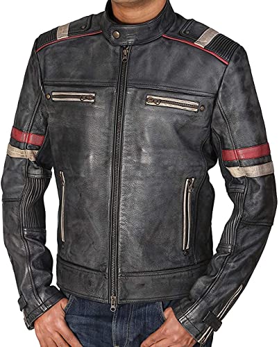 Hafsah Herren Vintage Retro Biker Motorrad Stilvolle Echtleder Jacke | Motorrad Distressed Cafe Racer Lederjacke, Retro-2, XXXL von Hafsah