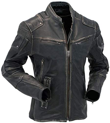 Hafsah Herren Vintage Retro Biker Motorrad Stilvolle Echtleder Jacke | Motorrad Distressed Cafe Racer Lederjacke, Retro1-Jacke im Used-Look, Schwarz, S von Hafsah