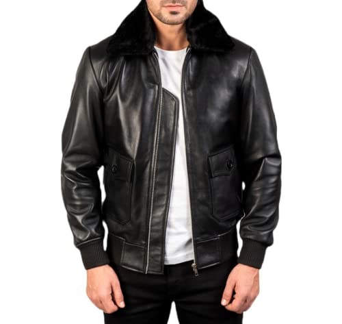 Herren Aviator G1 Pelzkragen Flight Echtlederjacke A2 Abnehmbare Fell Vintage Lederjacke B3 Bomber Style WW2 Navy Pilotenjacke, schwarz-schwarz Fell, XL von Hafsah