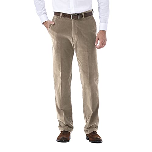 Haggar Herren 21 Wale Stretch Cord Erweiterbare Taille Klassische Passform Flache Front Hose, Khaki, 36W / 32L von Haggar