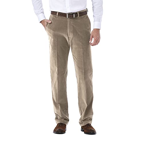 Haggar Herren Cordhose mit erweiterbarer Taille, Klassische und gerade Passform, Flache Vorderseite Lässige Hose, Khaki, 42W x 29L von Haggar