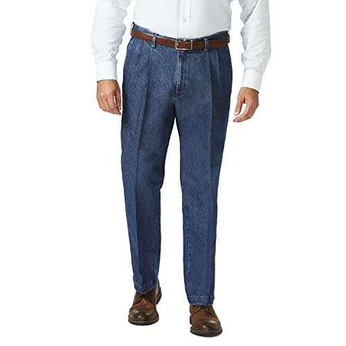 Haggar Herren-Hose, Stretch-Denim, dehnbar, Klassische Passform, Plisseefalte vorn - Blau - 48W / 29L von Haggar