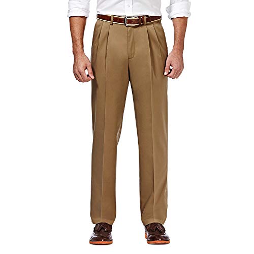 Haggar Herren-Hose, bügelfrei, Klassische Passform, erweiterbarer Taillenbund mit Falten vorne - Braun - 34W / 30L von Haggar