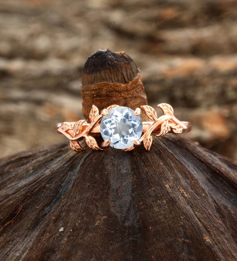 Blatt & Rebe Natürlicher Aquamarin Ring/Design Trauringe Rund Geschnitten Jubiläumsgeschenk Birthstone Ringe von HahayDesigns