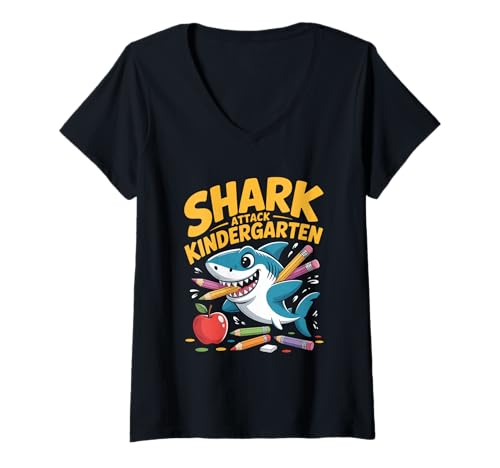 Damen Hai Attacke Kindergarten Einschulung Kita Schulstart T-Shirt mit V-Ausschnitt Damen Hai Attacke Kindergarten Einschulung Kita Schulstart T-Shirt mit V-Ausschnitt von Hai Attacke Kindergarten Vorschule Schulstart