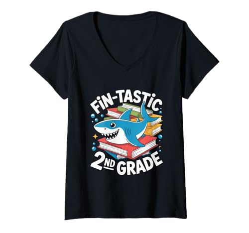Damen Fin Tastic 2nd Grade Hai Zweite Klasse Schule T-Shirt mit V-Ausschnitt Damen Fin Tastic 2nd Grade Hai Zweite Klasse Schule T-Shirt mit V-Ausschnitt von Hai Grundschule Zweite Klasse Lesen Schule Kinder