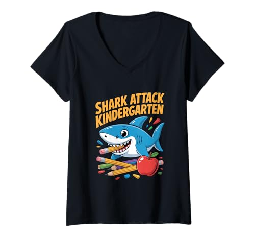 Damen Shark Attack Kindergarten Hai Einschulung Schulanfang T-Shirt mit V-Ausschnitt Damen Shark Attack Kindergarten Hai Einschulung Schulanfang T-Shirt mit V-Ausschnitt von Hai Kindergarten Einschulung Schulanfang Schule
