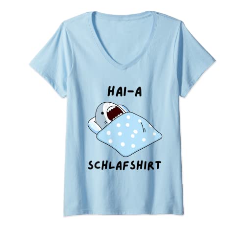 Damen Schlaf Pyjama Schlafanzug Nachthemd Hai Schlafshirt T-Shirt mit V-Ausschnitt von Hai Langschläfer Morgenmuffel Geschenkidee