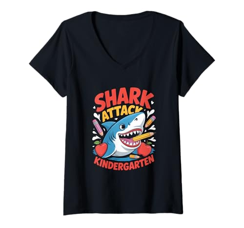Damen Shark Attack Kindergarten Hai Schule Einschulung T-Shirt mit V-Ausschnitt Damen Shark Attack Kindergarten Hai Schule Einschulung T-Shirt mit V-Ausschnitt von Hai Schule Einschulung Kindergarten Erstklassig
