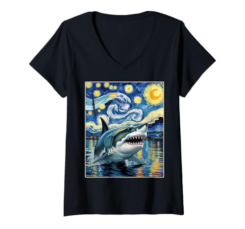 Damen Hai Sternennacht T-Shirt mit V-Ausschnitt Damen Hai Sternennacht T-Shirt mit V-Ausschnitt von Hai liebhaber Sporttauchen Taucher Lustig