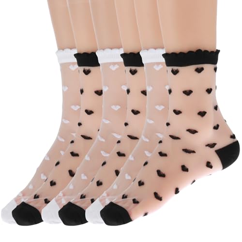 6 Paar Transparente Socken Damen Feinstrümpfe Durchsichtige Herzförmiges Design Rüschen Socken Dünne Sommer Knöchel Rüschen Trachtensocken Liebe Netzsocken für Damen Mädchen von HaiFafafaing