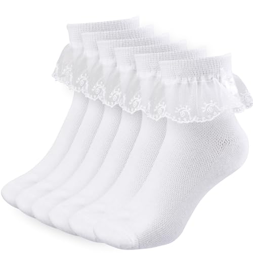 HaiFafafaing 3 Paar Mädchen Rüschen Socken Atmungsaktive Bequeme Kinder Weiße Knöchel Spitzensöckchen Ballett Socken Elegant Prinzessin Söckchen Baumwolle Knöchelsocken für Mädchen von HaiFafafaing