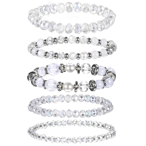 HaiFafafaing 5 Stück Perlenarmbänder Damen Magic Pearls Armband Mehrschichtiges Boho Armband Mehrschichtige Kristall-Stein-Perlen-Armbänder für Frauen Perlenarmband Stapelbares Yoga Armbänd von HaiFafafaing