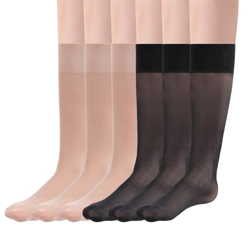 HaiFafafaing 6 Paar Nylon Kniestrümpfe Damen Feinstrümpfe Transparente Strümpfe Seidenstrümpfe Dünne Socken Nylonsocken Verstärkte Zehenpartie Passend für Mädchen Einheitsgröße von HaiFafafaing