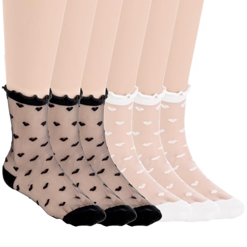 HaiFafafaing 6 Paar Transparente Socken Damen Durchsichtige Socken Rüschen Damen Gemustert Dünne Feinstrümpfe Netzsocken Knöchel Trachtensocken von HaiFafafaing
